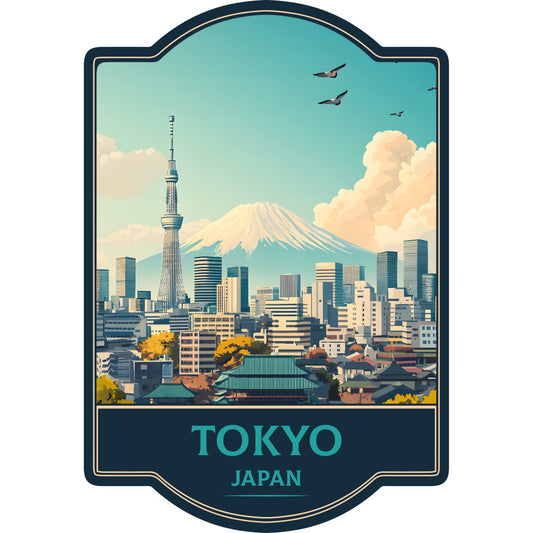 tokyo, japan, travel, vintage travel, retro travel, mount fuji, cityscape, urban landscape, architecture, skyline, turquoise, teal, navy blue, cream, gold, yellow, architectural, vintage style, retro style, mid-century modern, travel themed, wanderlust, scenic, landmark, asian inspired, cultural, illustration style, clouds, birds, modern