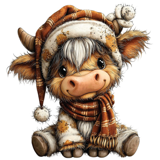 christmas highland cow, fabric panel, quilting cotton, winter hat, pom pom, brown scarf, orange fur, white patches, black eyes, sitting pose, festive accessories, cute animal, whimsical illustration, holiday themed, rustic charm, cozy winter, detailed artwork, children's fabric, seasonal crafting, bovine character