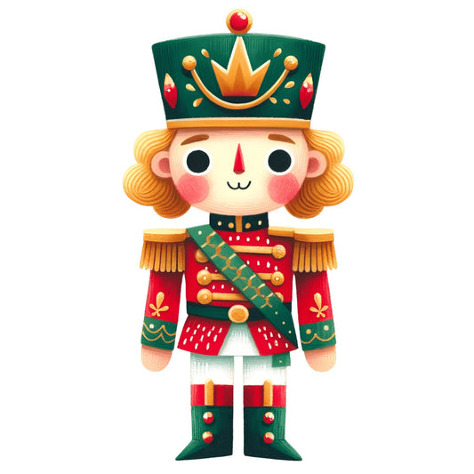nutcracker, holiday, christmas, festive, gold, red, forest green, cream, toy soldier, whimsical, vintage, traditional, children's, character panel, decorative, seasonal, winter, golden yellow, emerald green, royal red, illustrated, charming, nostalgia, classic, festive decoration, joy, elegant, child-friendly, storybook, cheerful