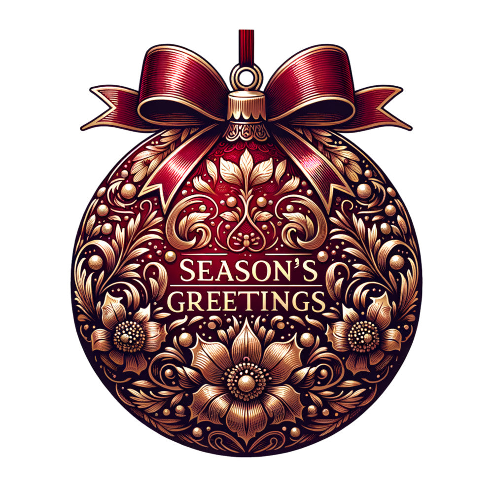 burgundy, gold, deep red, bronze, christmas ornament, decorative bow, floral motifs, ornate patterns, swirls, flourishes, metallic accents, season's greetings, holiday themed, fabric panel, quilting cotton, festive design, victorian style, intricate details, christmas bauble, seasonal fabric