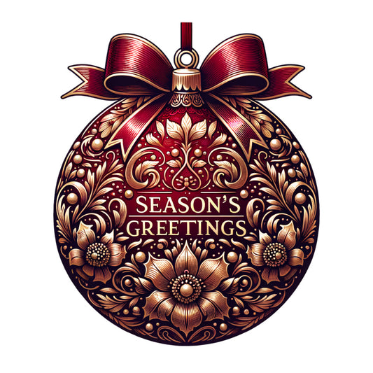 burgundy, gold, deep red, bronze, christmas ornament, decorative bow, floral motifs, ornate patterns, swirls, flourishes, metallic accents, season's greetings, holiday themed, fabric panel, quilting cotton, festive design, victorian style, intricate details, christmas bauble, seasonal fabric