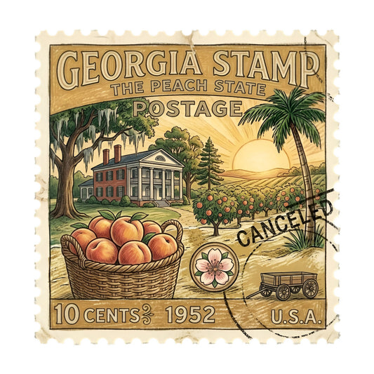 vintage, georgia, peach state, postage stamp, 1952, botanical, agricultural, farmhouse, rustic, americana, cream, tan, forest green, rust orange, peachy pink, historic architecture, colonial style, basket of peaches, palm tree, oak tree, sunset, pastoral landscape, orchard, traditional, antique, heritage, travel theme, cottage core, nostalgic, retro