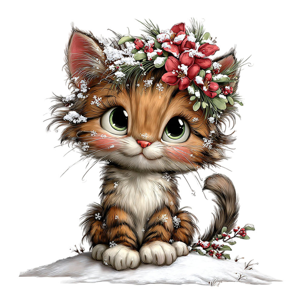 adorable cat, whimsical, floral crown, red flowers, white flowers, green leaves, cat face, large eyes, brown tabby, cream white, winter theme, snow, snowflakes, cute animals, children's, baby, festive, holiday, decorative, nature-inspired, playful, illustration style, detailed design, animal portrait, botanical elements, red berries, charming, sweet, gentle