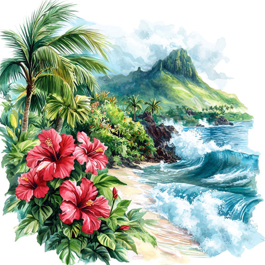 tropical paradise, hibiscus flowers, palm trees, ocean waves, mountain landscape, beach scene, coral pink, emerald green, turquoise blue, watercolor style, hawaiian theme, fabric panel, quilting cotton, island scenery, coastal design, floral motifs, nature scene, paradise setting, tropical foliage, seascape
