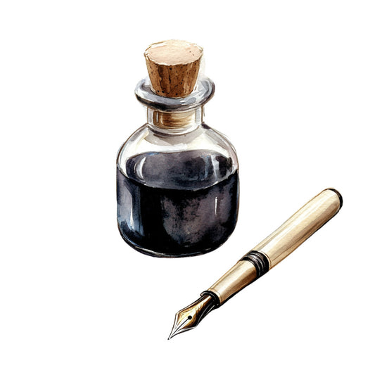 ink bottle, fountain pen, black ink, cork stopper, glass bottle, writing supplies, artist tools, watercolor illustration, cream background, golden pen, vintage style, stationery theme, calligraphy tools, fabric panel, quilting cotton, craft supplies, artistic mood, pen and ink, writer's accessories, creative arts