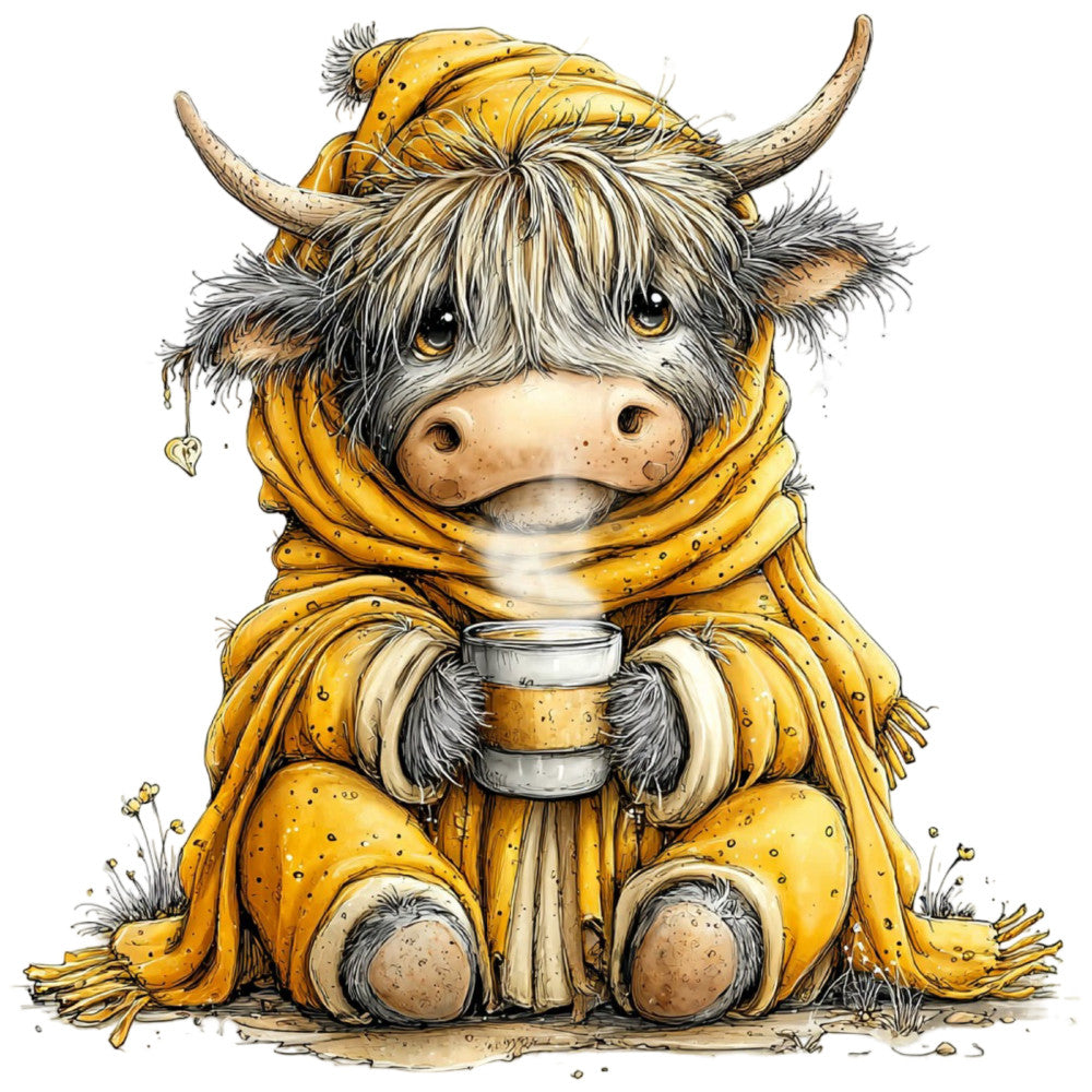 gold, mustard yellow, cream, tan, beige, warm brown, charcoal gray, whimsical, highland cattle, highland cow, scottish, cozy, rustic, farmhouse, adorable animals, cute cow, coffee lover, hot beverage, folk art, handmade style, country, cottage core, casual, playful, baby quilt, nursery, children's, wall hanging, decorative panel
