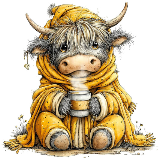 gold, mustard yellow, cream, tan, beige, warm brown, charcoal gray, whimsical, highland cattle, highland cow, scottish, cozy, rustic, farmhouse, adorable animals, cute cow, coffee lover, hot beverage, folk art, handmade style, country, cottage core, casual, playful, baby quilt, nursery, children's, wall hanging, decorative panel