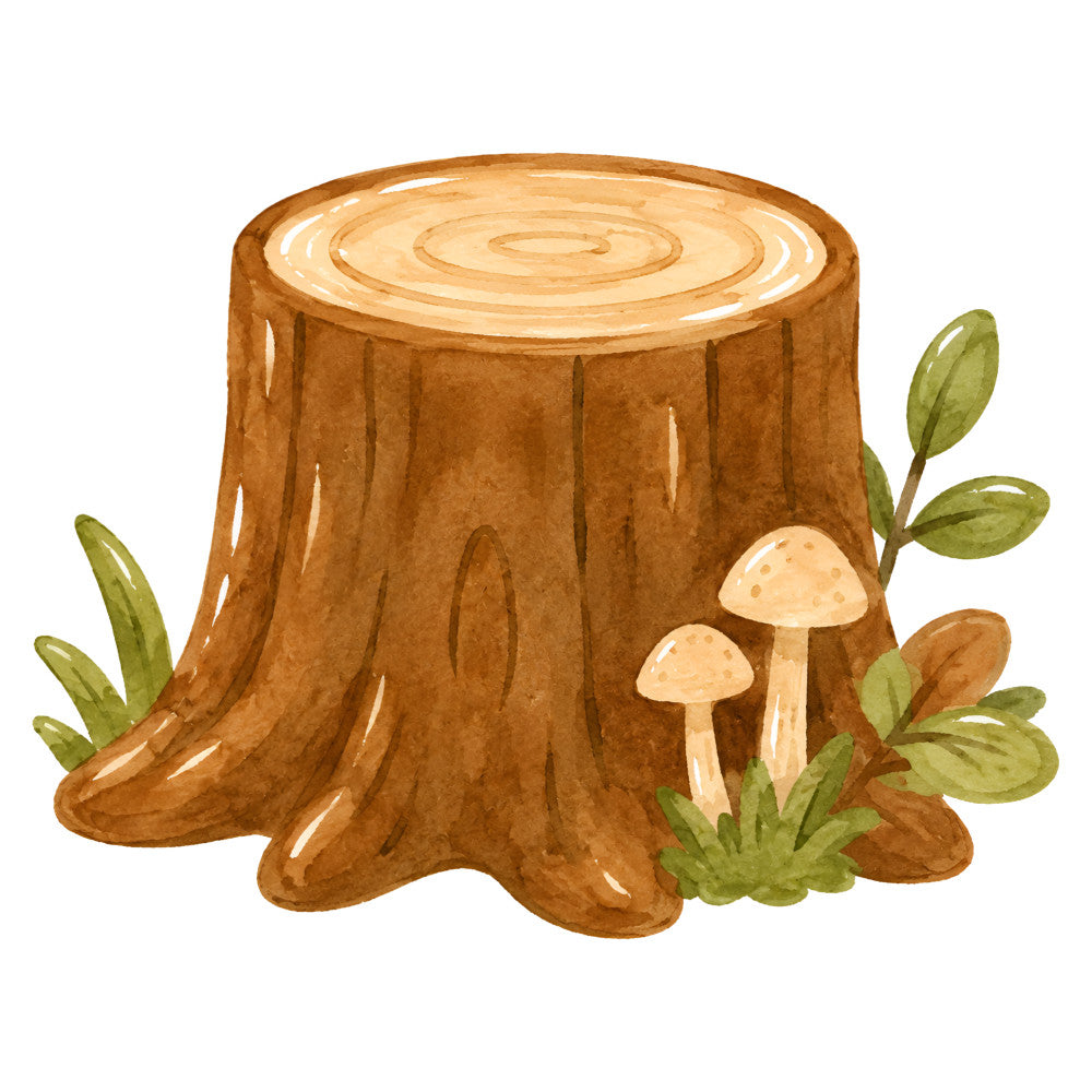 tree stump, woodland, nature, forest, rustic, mushroom, toadstools, cream, tan, brown, sage green, olive green, natural, earthy, woodland creatures, forest floor, autumn, fall, whimsical, cottage core, farmhouse, moss, organic, botanical, nature scene, landscape, charming, storybook, children's, kids