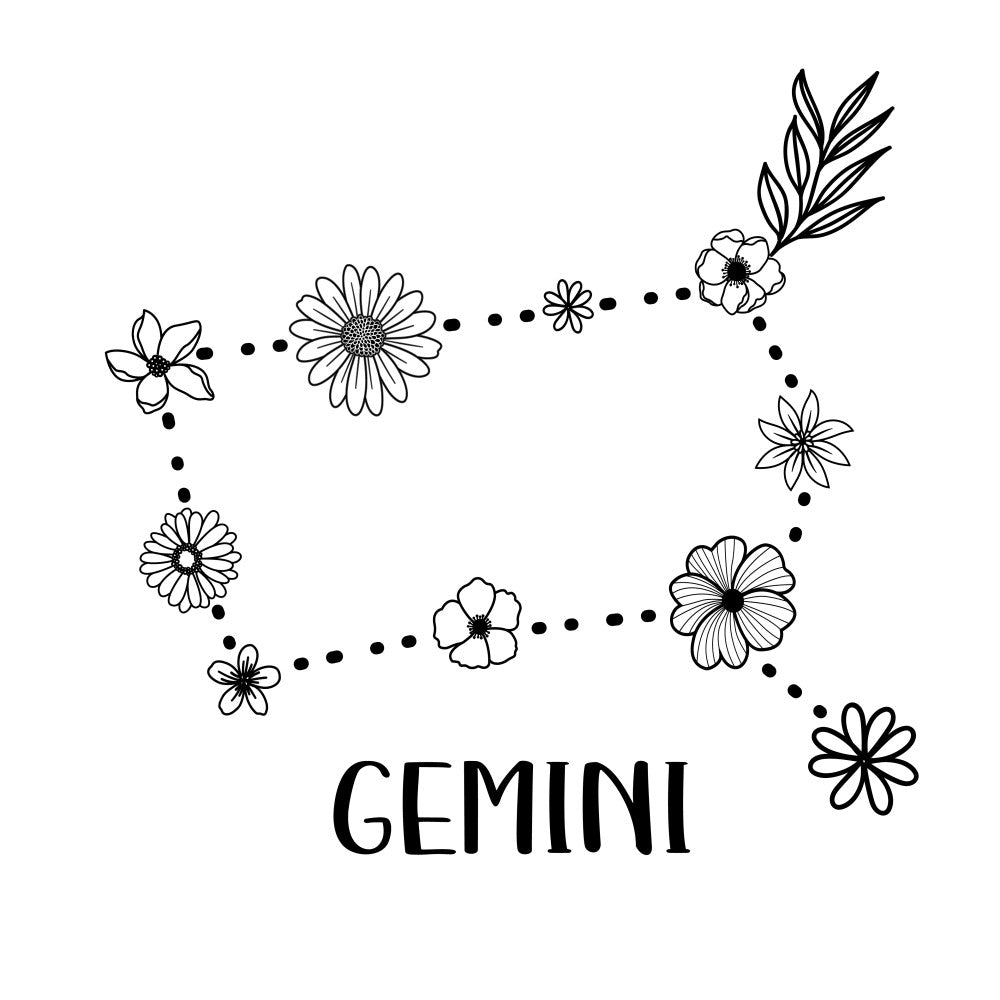 gemini zodiac, constellation, astrology, floral, flowers, black and white, line art, botanical, daisy, nature, whimsical, modern, minimalist, star sign, horoscope, daisies, cosmos, celestial theme, spring, summer, boho, bohemian, decorative, illustration style, ink drawing, dotted lines, connecting flowers, garden theme, wall hanging, baby quilt