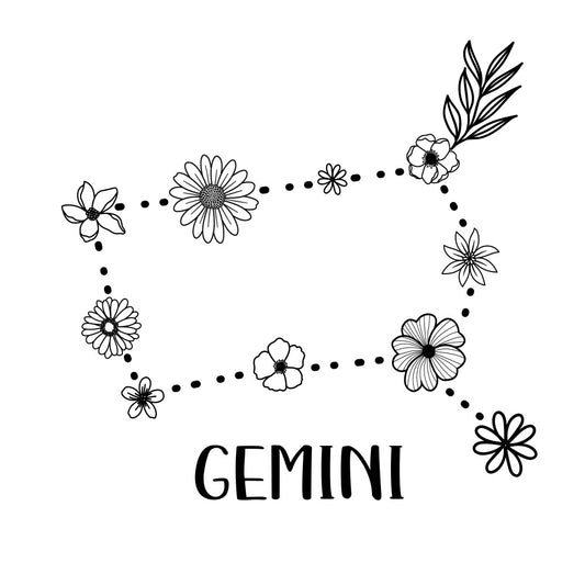 gemini zodiac, constellation, astrology, floral, flowers, black and white, line art, botanical, daisy, nature, whimsical, modern, minimalist, star sign, horoscope, daisies, cosmos, celestial theme, spring, summer, boho, bohemian, decorative, illustration style, ink drawing, dotted lines, connecting flowers, garden theme, wall hanging, baby quilt