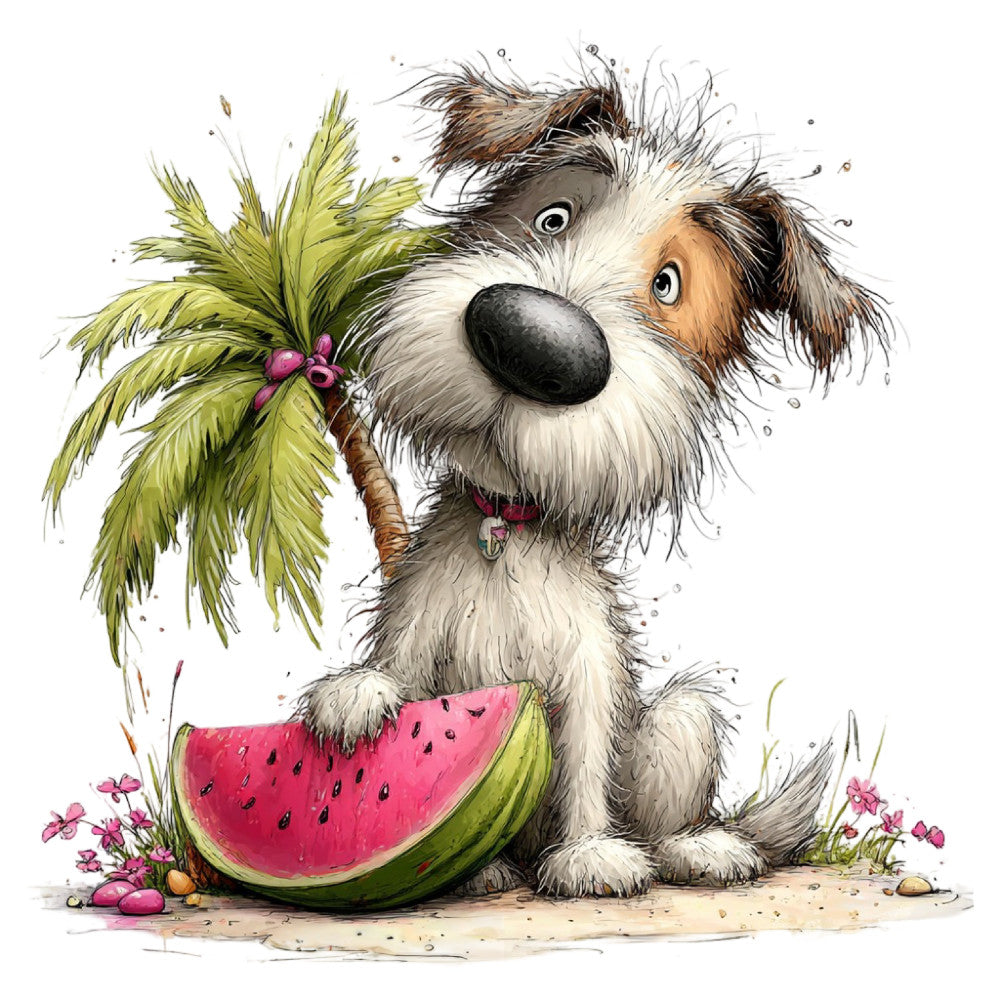 whimsical dog, cute puppy, watercolor animal, summer fruit, watermelon, palm tree, tropical, bright pink, white, brown, tan, cream, children's illustration, playful, dog with fruit, nature, garden, spring, summer, kids fabric, adorable, sweet, colorful, hand-painted style, animal lover, character panel, cheerful, friendly dog