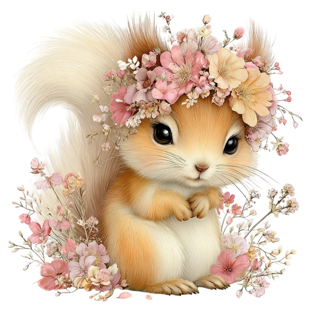 cute animal, squirrel, woodland creature, floral wreath, pink flowers, cream, blush pink, dusty rose, peach, soft pastels, whimsical, feminine, spring, nature, garden flowers, baby quilt, nursery, children's fabric, botanical, delicate flowers, soft colors, animal themed, sweet, charming, easter, innocent, gentle, daisy, small flowers, boho