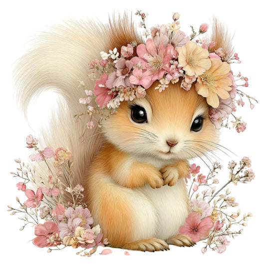 cute animal, squirrel, woodland creature, floral wreath, pink flowers, cream, blush pink, dusty rose, peach, soft pastels, whimsical, feminine, spring, nature, garden flowers, baby quilt, nursery, children's fabric, botanical, delicate flowers, soft colors, animal themed, sweet, charming, easter, innocent, gentle, daisy, small flowers, boho