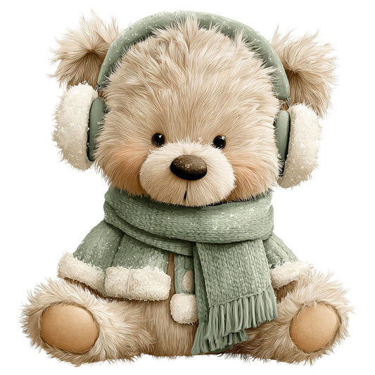 teddy bear, sage green, cream, tan, beige, winter, cozy, animal, cute, whimsical, children, baby, holiday, festive, scarf, earmuffs, fluffy, soft, nursery, kids, playful, adorable, friendly, cheerful, seasonal, cold weather, comfort, stuffed animal, illustration, character fabric