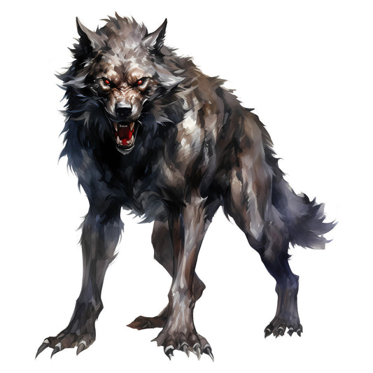 dark gray, charcoal, black, brown, tan, cream, gold, amber eyes, wolf, werewolf, fantasy creature, mythical beast, aggressive, snarling, fierce, animals, fantasy, gothic, dark fantasy, supernatural, horror, mystical, dramatic, intense, menacing, fangs, claws, furry texture, fantasy adventure, game of thrones style