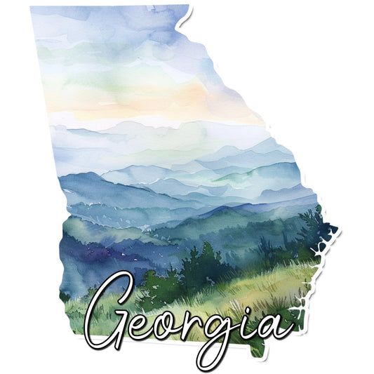 georgia state map, watercolor landscape, mountain scenery, nature inspired, forest green, sky blue, cream, tan, beige, layered mountains, misty peaks, rolling hills, scenic vista, state pride, travel themed, geographical, botanical elements, peaceful, serene, soft watercolor, nature lover, landscape art, earthy tones, blue mountains, green forests, scenic design, wall hanging, decorative panel, rustic style