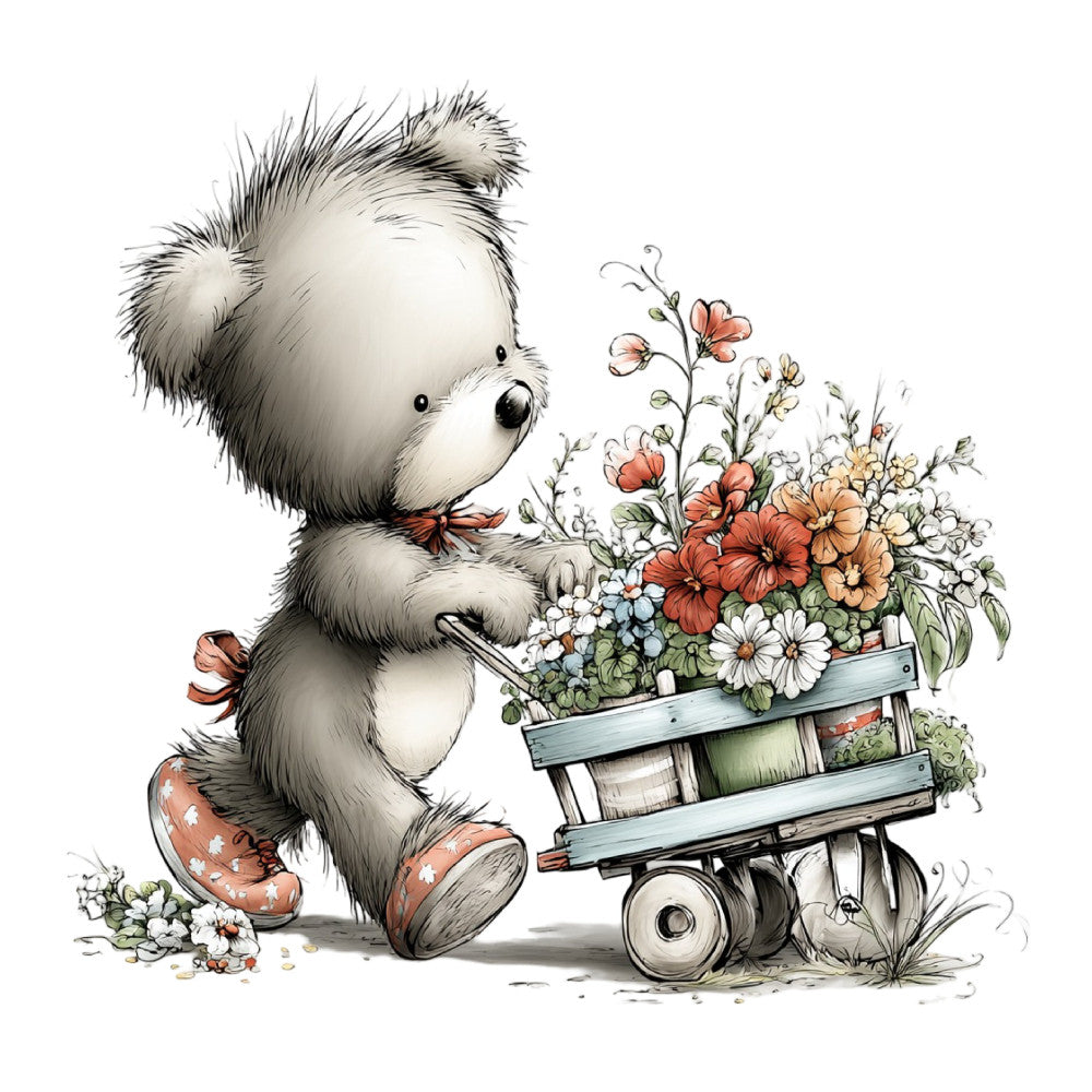 cute teddy bear, fluffy animal, floral arrangement, red flowers, white flowers, peach flowers, orange flowers, daisy, wildflowers, flower cart, whimsical, charming, children's fabric, baby quilt, nursery decor, storybook illustration, vintage style, soft colors, pastel tones, cream, ivory, coral, rust orange, gentle illustration, sweet design, decorative panel, wall hanging, spring flowers, garden theme, woodland creatures
