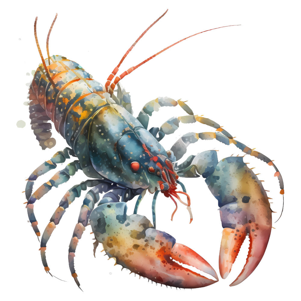 crustacean, lobster, ocean, sea life, marine, nautical, underwater, teal, blue-green, coral red, burnt orange, golden yellow, rust, watercolor, illustrated, realistic, whimsical, detailed, nature, coastal, summer, beach, aquatic, creatures, sea creatures, dimensional shading, artistic, decorative, wall hanging