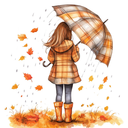 autumn, fall, rain, rainy day, children, girl, plaid, orange plaid, tan plaid, cream plaid, tartan, orange, rust, golden yellow, warm tones, autumn leaves, maple leaves, falling leaves, boots, rain boots, umbrella, cozy, whimsical, nostalgic, vintage, nature, seasonal, outdoor, children's illustration, storybook