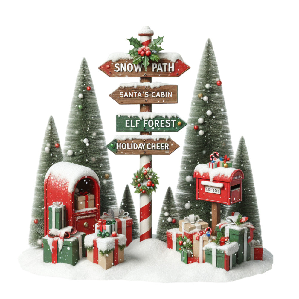 christmas signpost, winter scene, snow covered trees, red mailbox, wrapped gifts, holiday presents, snowy path, directional signs, santa's cabin, elf forest, holiday cheer, evergreen trees, red and green, white snow, fabric panel, quilting cotton, festive scene, christmas village, winter wonderland, holly berries