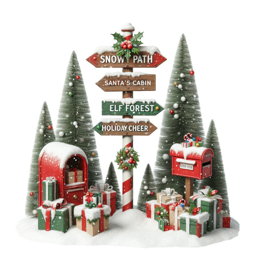 christmas signpost, winter scene, snow covered trees, red mailbox, wrapped gifts, holiday presents, snowy path, directional signs, santa's cabin, elf forest, holiday cheer, evergreen trees, red and green, white snow, fabric panel, quilting cotton, festive scene, christmas village, winter wonderland, holly berries