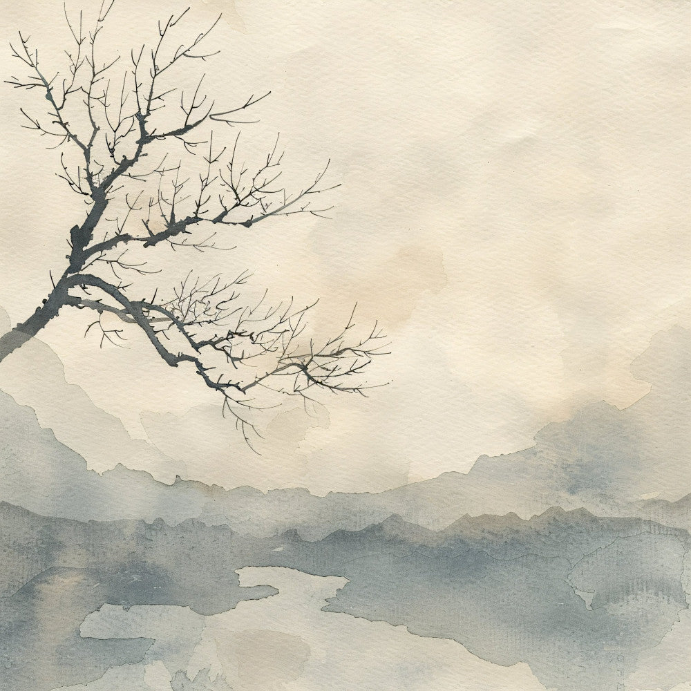 bare tree, minimalist, watercolor, landscape, mountains, lake, nature, zen, asian inspired, ink wash, misty, foggy, serene, calm, peaceful, grey, gray, taupe, cream, beige, neutral tones, branches, winter, autumn, muted colors, artistic, contemplative, meditative, modern landscape, monochromatic