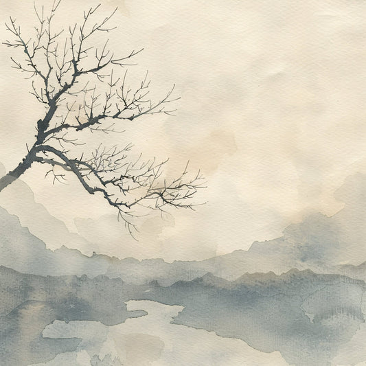 bare tree, minimalist, watercolor, landscape, mountains, lake, nature, zen, asian inspired, ink wash, misty, foggy, serene, calm, peaceful, grey, gray, taupe, cream, beige, neutral tones, branches, winter, autumn, muted colors, artistic, contemplative, meditative, modern landscape, monochromatic