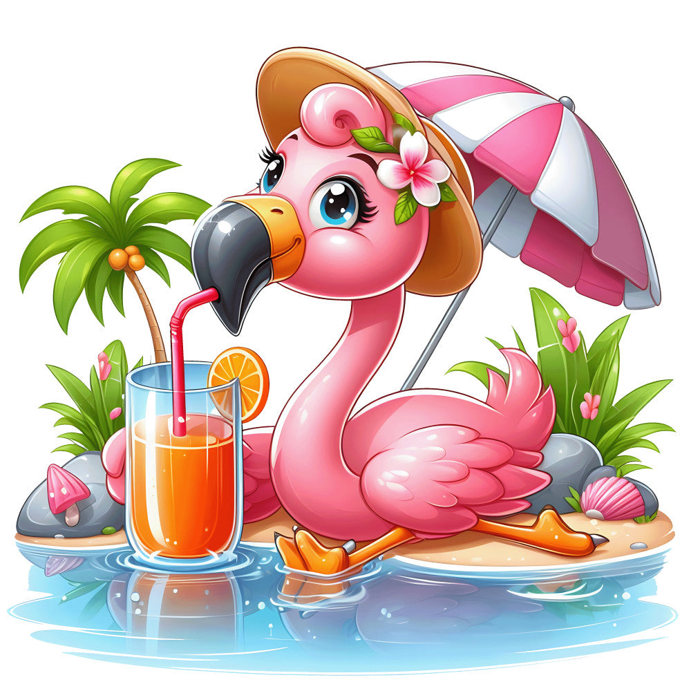 pink flamingo, tropical paradise, beach umbrella, palm tree, orange drink, summer vacation, cartoon style, cute animal, fabric panel, quilting cotton, bright colors, whimsical design, children's fabric, tropical birds, beach scene, hat wearing, floral accents, watercolor style, nursery decor, playful illustration