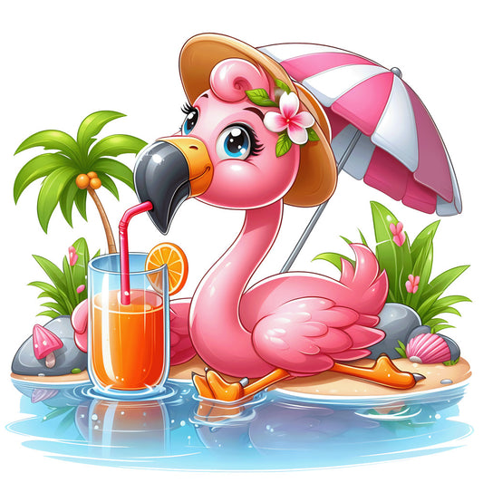 pink flamingo, tropical paradise, beach umbrella, palm tree, orange drink, summer vacation, cartoon style, cute animal, fabric panel, quilting cotton, bright colors, whimsical design, children's fabric, tropical birds, beach scene, hat wearing, floral accents, watercolor style, nursery decor, playful illustration