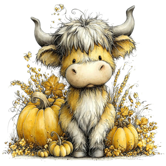 cream, golden yellow, warm brown, charcoal gray, highland cattle, scottish highland cow, yak, bull, autumn, fall, harvest, pumpkin, farmhouse, whimsical, cute, adorable, animal themed, nature inspired, rustic, cottage core, seasonal, thanksgiving, decorative, folk art, illustrated, sweet, gentle, country style, floral accents, wheat