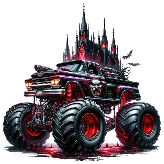 red, black, dark red, metallic red, crimson, deep purple, hot rod red, gothic, horror, monster truck, vampire, skull, demon, evil, spooky, scary, halloween, supernatural, dark fantasy, edgy, alternative, rock and roll, vintage car, monster trucks, bats, castle, cathedral, goth style, bold graphics, dramatic