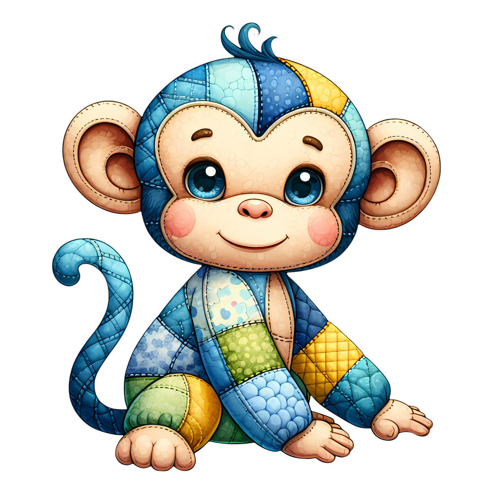 cute monkey, blue, yellow, green, cream, patchwork, quilted, animals, whimsical, playful, children's, baby quilt, colorful blocks, geometric patterns, striped, polka dots, cheerful, nursery, toddler, appliqué, soft colors, sweet, friendly, charming, jungle animals, decorative panel, wall hanging, baby bedding, stitched details, navy blue