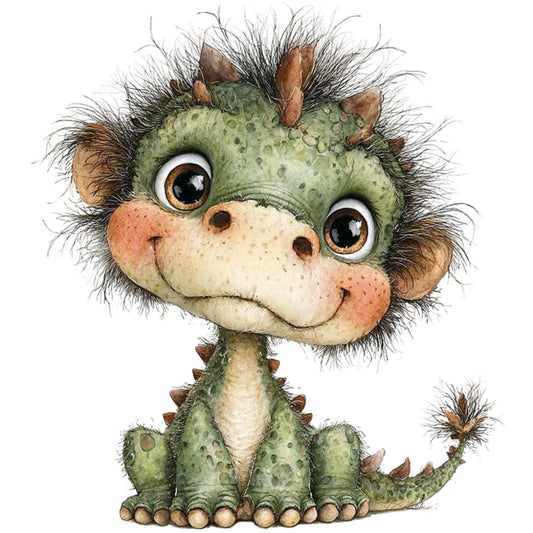 sage green, cream, brown, tan, coral pink, whimsical, creature, monster, dinosaur, dragon, cute animals, children's illustration, playful, friendly face, big eyes, spiky horns, scaly texture, fantasy, storybook, kids, baby, nursery, character design, whimsical animals, illustrated, charming, quirky, adorable