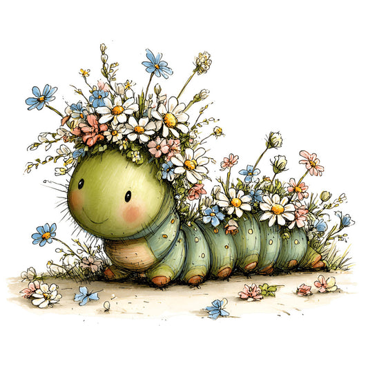 whimsical caterpillar, garden flowers, cute animals, spring, pastel colors, soft green, cream white, dusty blue, coral pink, sage green, floral design, nature theme, children's fabric, baby quilt, nursery decor, woodland creatures, daisy flowers, playful style, charming illustration, gentle colors, kids theme, storybook style, flower garden, botanical, cheerful design, sweet illustration, soft pastels, springtime, decorative panel, character fabric