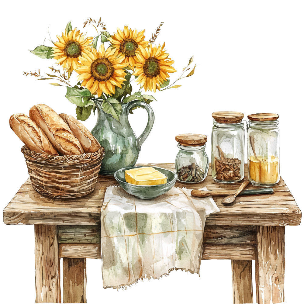 sunflowers, rustic table, wicker basket, bread loaves, glass jars, wooden table, butter dish, fabric panel, watercolor style, yellow blooms, green pitcher, country kitchen, farmhouse scene, warm tones, cream tablecloth, pantry items, cozy atmosphere, quilting cotton, kitchen still life