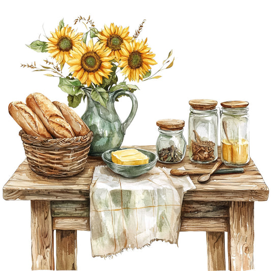sunflowers, rustic table, wicker basket, bread loaves, glass jars, wooden table, butter dish, fabric panel, watercolor style, yellow blooms, green pitcher, country kitchen, farmhouse scene, warm tones, cream tablecloth, pantry items, cozy atmosphere, quilting cotton, kitchen still life