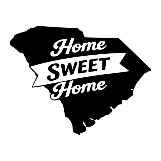 home sweet home, south carolina, state map, black and white, vintage, retro, typography, text, banner, ribbon, script font, cursive, inspirational, motivational, home decor, wall art, farmhouse style, rustic, traditional, sentiment, geographic, americana, classic, monochrome, bold text, design element, state pride, regional