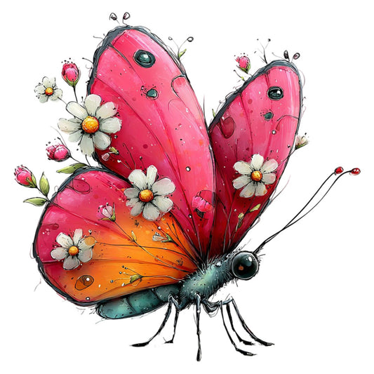 hot pink, coral orange, teal blue, white, butterfly, flowers, daisy, floral, whimsical, nature, spring, summer, garden, insects, artistic, colorful, bright, vibrant, children, kids, playful, decorative, fantasy, botanical, charming, delicate, illustration style, magical, bloom