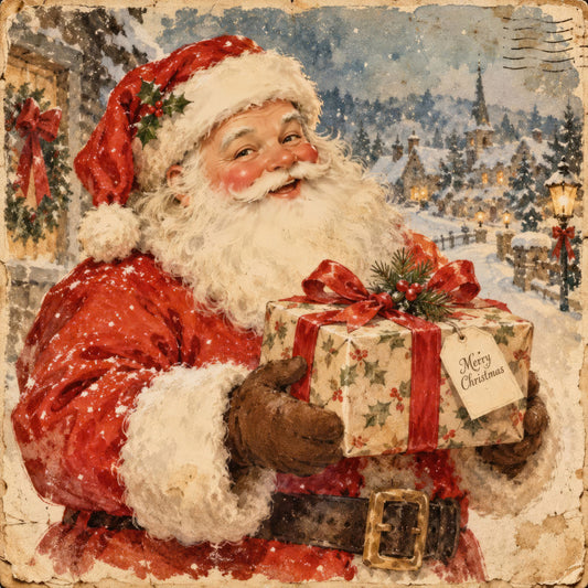 santa, christmas, holiday, vintage, traditional, whimsical, rustic, red, cream, ivory, forest green, gold, snowy landscape, winter scene, jolly, nostalgic, retro, festive, gift box, ribbon bow, holly, pine trees, church steeple, snow, beige, warm tones, elegant, timeless, christmas decoration, wall hanging