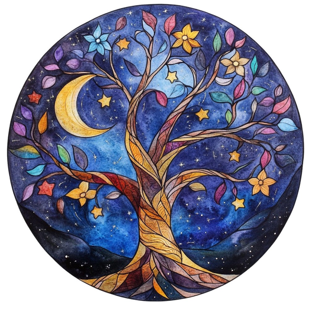 celestial, night sky, moon, stars, tree of life, whimsical, bohemian, mystical, nature, botanical, colorful flowers, yellow flowers, pink leaves, purple leaves, blue leaves, multi-colored, navy blue, deep blue, golden yellow, orange, coral, violet, nature-inspired, magical, dreamlike, circular design, mandala-style, wall hanging, home decor, midnight garden