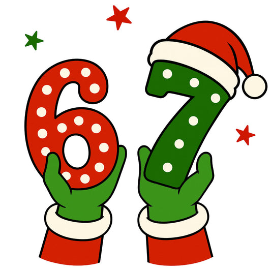 red, green, white, christmas, santa hat, polka dots, numbers, six, seven, hands, mittens, gloves, festive, holiday, winter, cartoon style, playful, bright colors, fabric panel, quilting cotton, stars