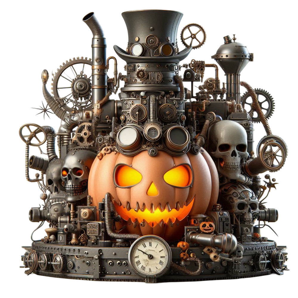 steampunk, halloween, pumpkin, jack-o-lantern, gears, mechanical, industrial, bronze, copper, black, orange, yellow, glowing eyes, skulls, vintage, gothic, autumn, fall, whimsical, dark fantasy, machinery, clockwork, gears and cogs, metallic, spooky, mysterious, decorative panel, wall art, festive, top hat