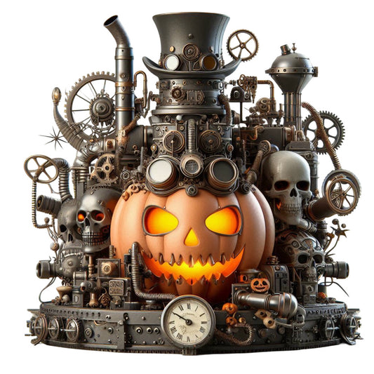 steampunk, halloween, pumpkin, jack-o-lantern, gears, mechanical, industrial, bronze, copper, black, orange, yellow, glowing eyes, skulls, vintage, gothic, autumn, fall, whimsical, dark fantasy, machinery, clockwork, gears and cogs, metallic, spooky, mysterious, decorative panel, wall art, festive, top hat