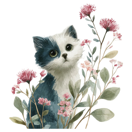cat, kitten, white cat, black and white cat, floral, flowers, pink flowers, mauve pink, navy blue, white, sage green, botanical, nature, whimsical, elegant, cute animals, garden, spring, pastel colors, watercolor style, soft colors, delicate, gentle, artistic, decorative, cat lover, nature themed, calming, serene, wall hanging