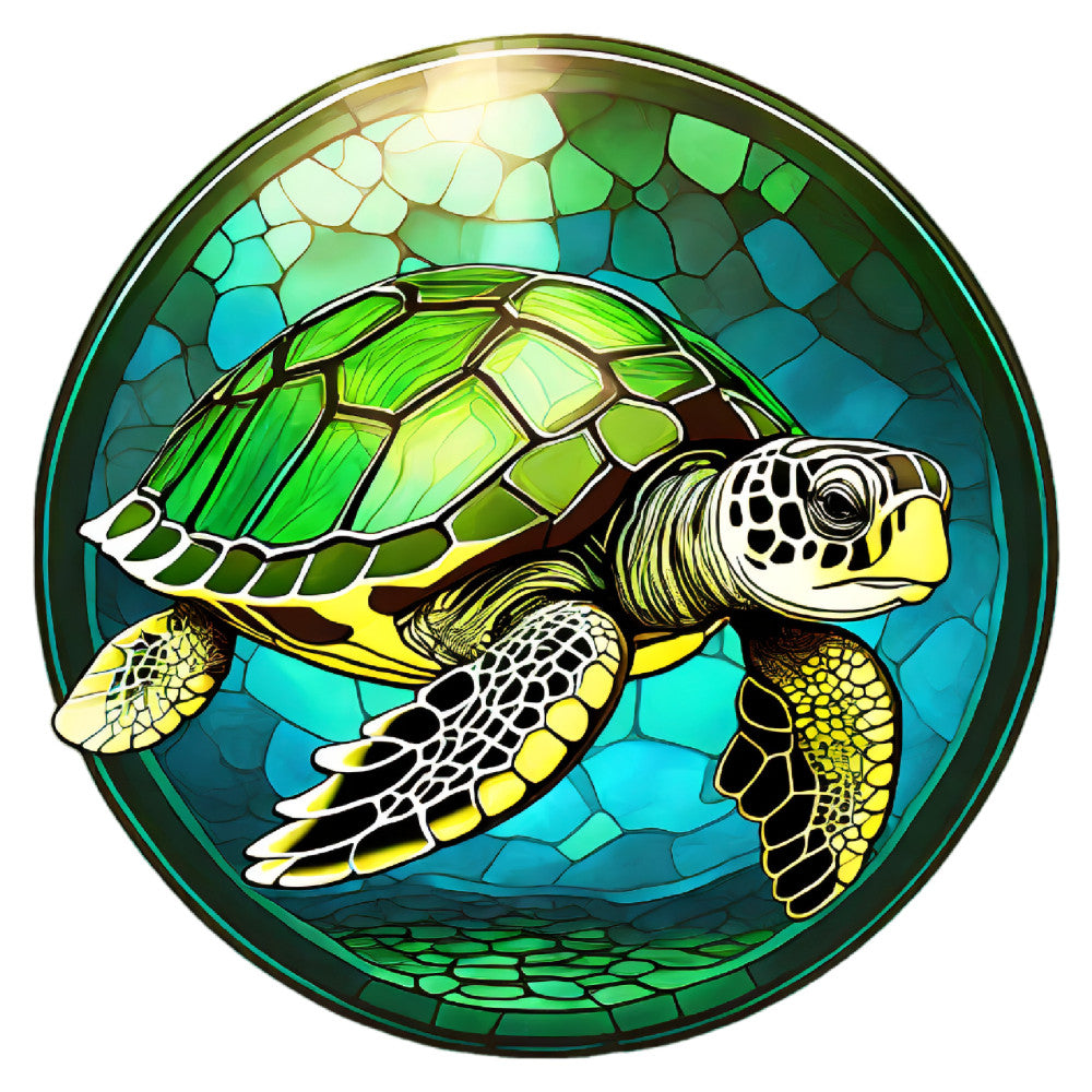 sea turtle, ocean blue, lime green, yellow, stained glass, wildlife, nature, animals, marine life, sea creatures, tropical, aquatic, geometric, mosaic, whimsical, modern, vibrant, colorful, teal, turquoise, chartreuse, summer, beach theme, nautical, decorative panel, wall art, ocean theme, water creatures, reptiles, detailed illustration