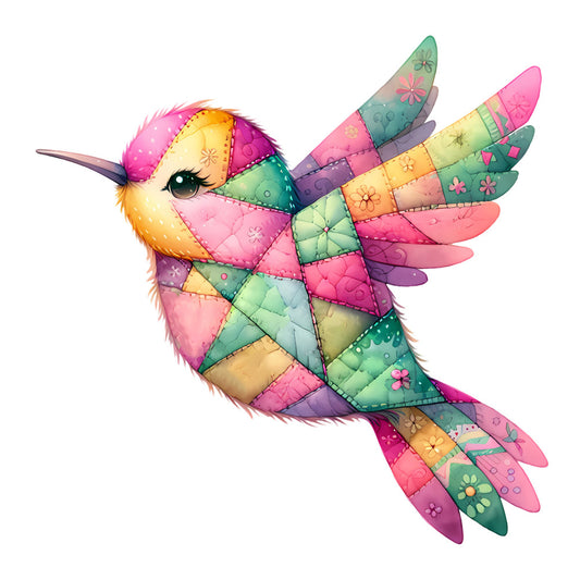 hummingbird, multicolor, rainbow, pink, turquoise, yellow, orange, purple, green, quilted, patchwork, floral, geometric, whimsical, playful, nature, bird, flowers, stitched, colorful, spring, summer, cheerful, vibrant, children's, baby, decorative, home decor, wall hanging, modern folk art