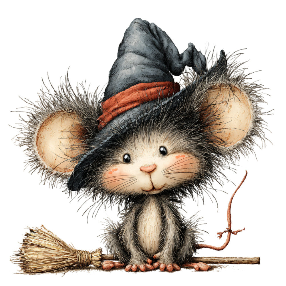 whimsical mouse, wizard hat, black cat, broomstick, halloween, charcoal gray, cream, rust orange, tan, animal character, storybook illustration, children's, fairy tale, magical, cute critter, autumn, fall, enchanted, vintage storybook style, adorable woodland, novelty print, character fabric, kids quilt, baby bedding, wall hanging, nursery decor, illustration art, fantasy theme, sweet animal design