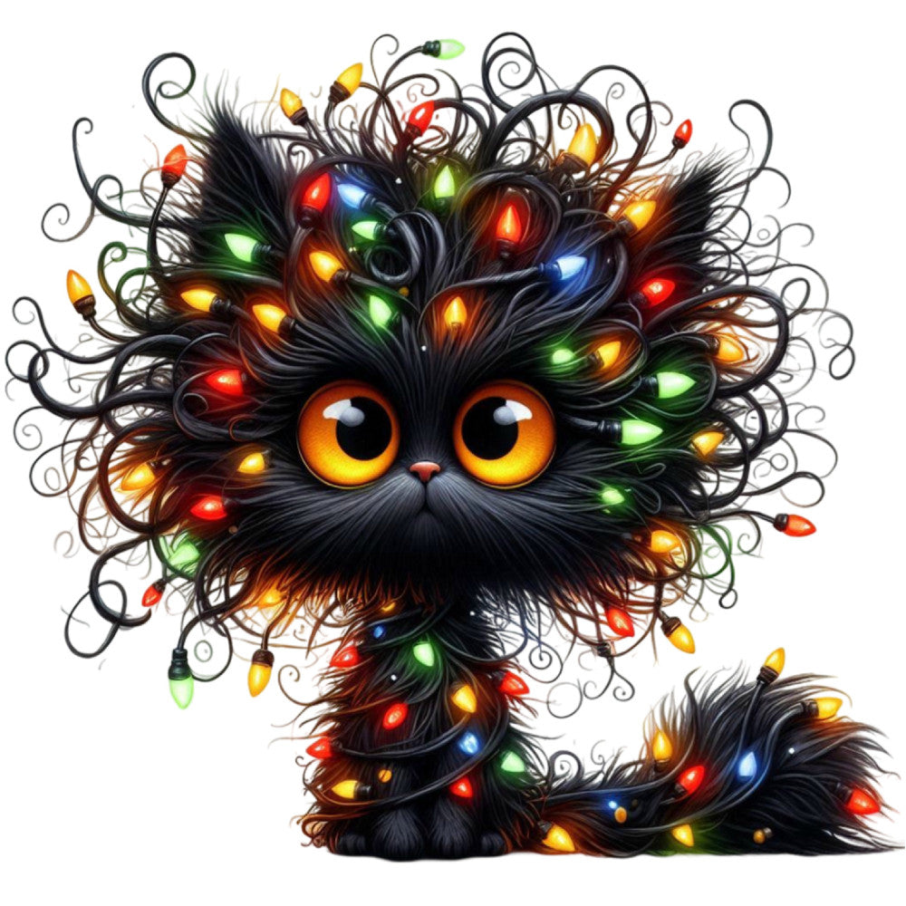 black cat, glowing eyes, orange eyes, colorful lights, christmas lights, holiday, festive, whimsical, fantasy, magical, dark academia, gothic, animal, cat lover, string lights, red lights, green lights, yellow lights, blue lights, glowing bulbs, enchanted, playful, quirky, winter holiday, decorative, illuminated, dark background, winter theme