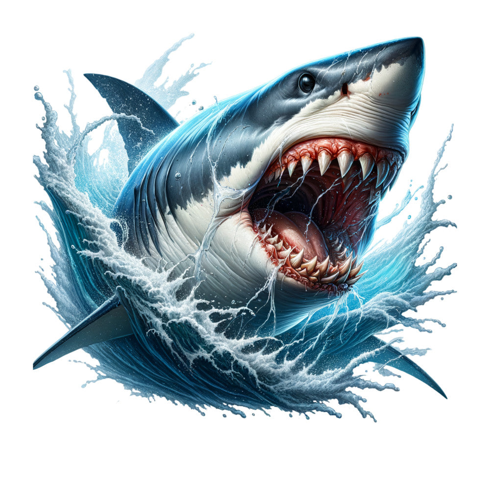 blue, gray, white, red, shark, ocean, water splash, marine life, fierce, aggressive, open mouth, sharp teeth, waves, aquatic, fabric panel, quilting cotton, realistic art, sea creature, dramatic, intense mood