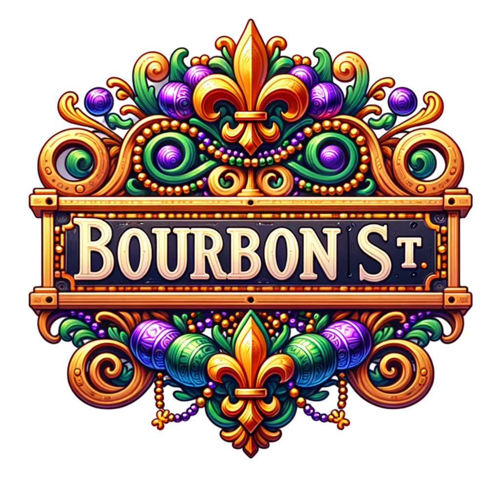 watercolor, mardi gras, bourbon street, fleur-de-lis, purple, green, gold, orange, ornate scrollwork, decorative beads, carnival theme, new orleans, fabric panel, festive design, baroque elements, swirls, elaborate ornamentation, vibrant colors, party theme